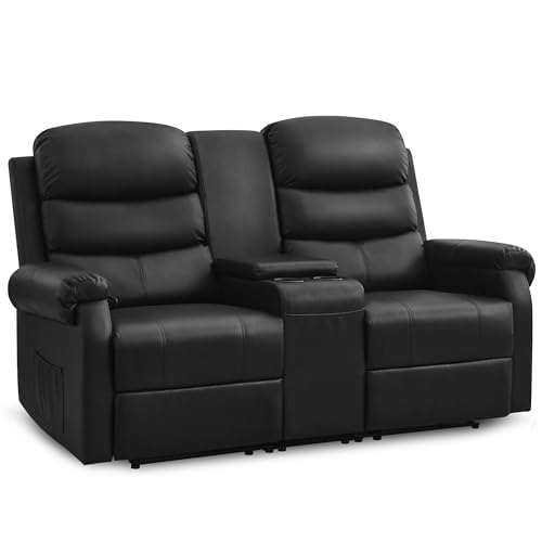 Loveseat Recliner Sofa for Living Room, Manual Recliners RV Sofa Home Theater Seating with Console, Cup Holders, Lumbar Pillow, Hidden Storage (Faux Leather, Black)