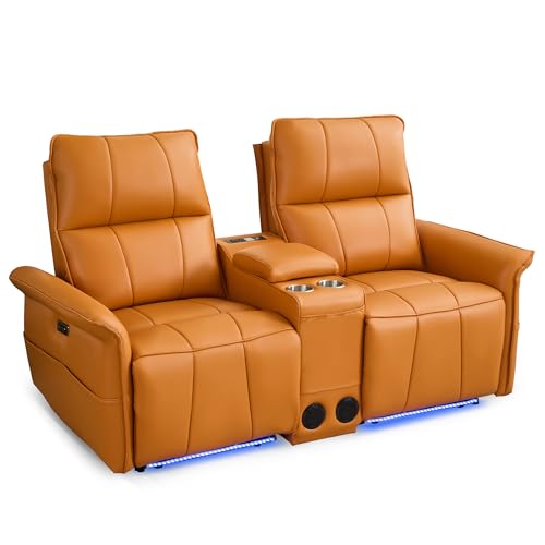 Power Loveseat Recliner Sofa, RV Loveseat Sofa Home Theater Seating with Multimedia Console, LED Ambient Light, Wall Hugging, Bluetooth Speakers, Pet Friendly (Faux Leather, Orange)