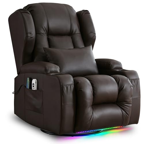 Power Swivel Rocker Recliner Chair for Adults, Nursery Glider Rocking Chair Home Theater Seating with Vibrating Massage, Lumbar Heating, Ambient Lighting (Faux Leather, Dark Brown)