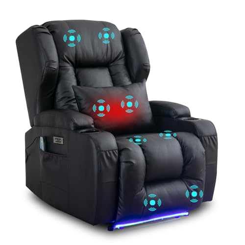 Power Recliner Chair with Massage and Heat, Faux Leather Home Theater Seating with LED Ambient Light, Recliner Sofa with USB Ports, Cup Holders, and Pockets for Living Room (Black)