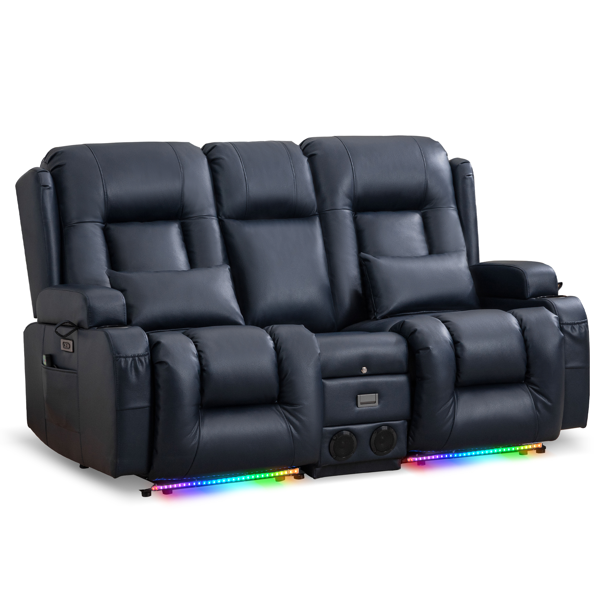 URRED Power Loveseat Recliner Sofa with Vibrating Massage and Heat, Home Theater Seating RV Couch with Flipped Backrest Console, LED Light, Bluetooth Speakers, USB, Outlets  (Faux Leather, Blue)