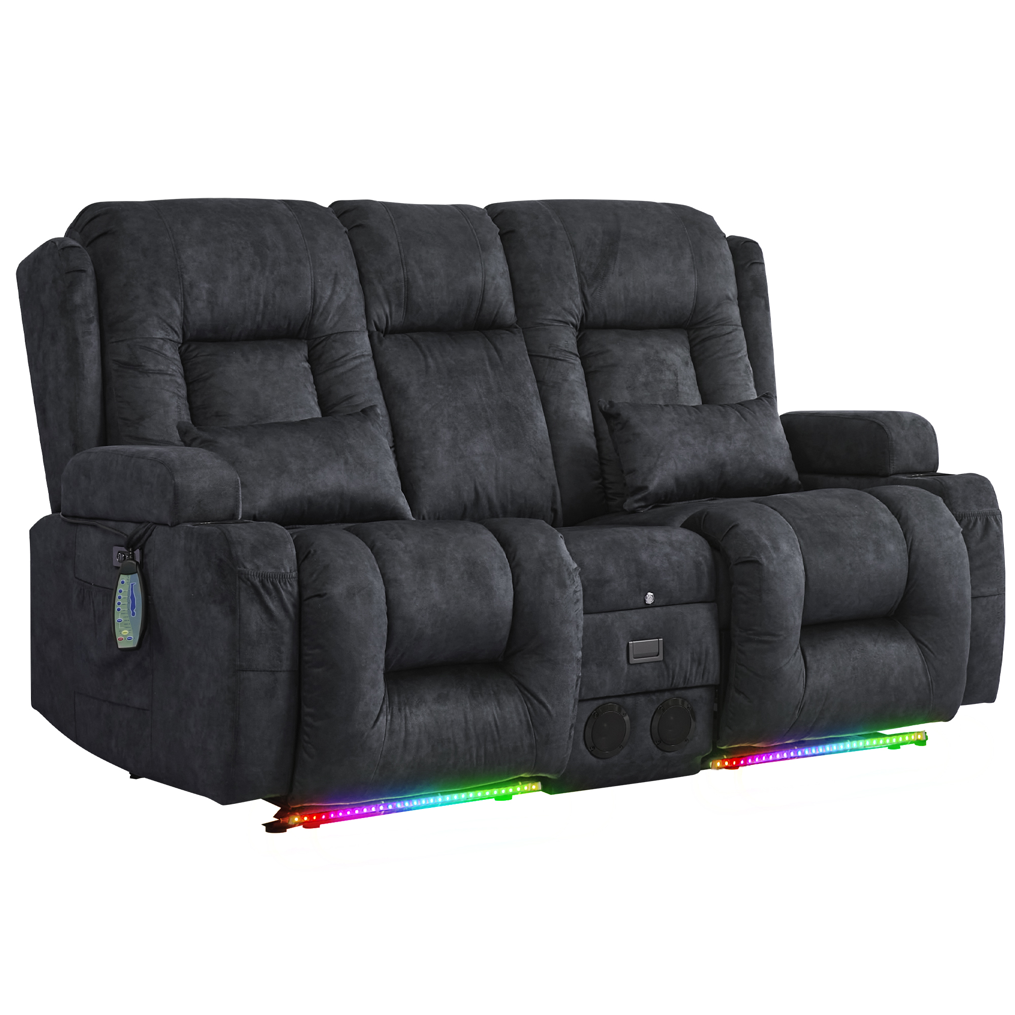URRED Power Loveseat Recliner Sofa with Vibrating Massage and Heat, Home Theater Seating RV Couch with Flipped Backrest Console, LED Light, Bluetooth Speakers, USB, Outlets (Velvet, Dark Gray)