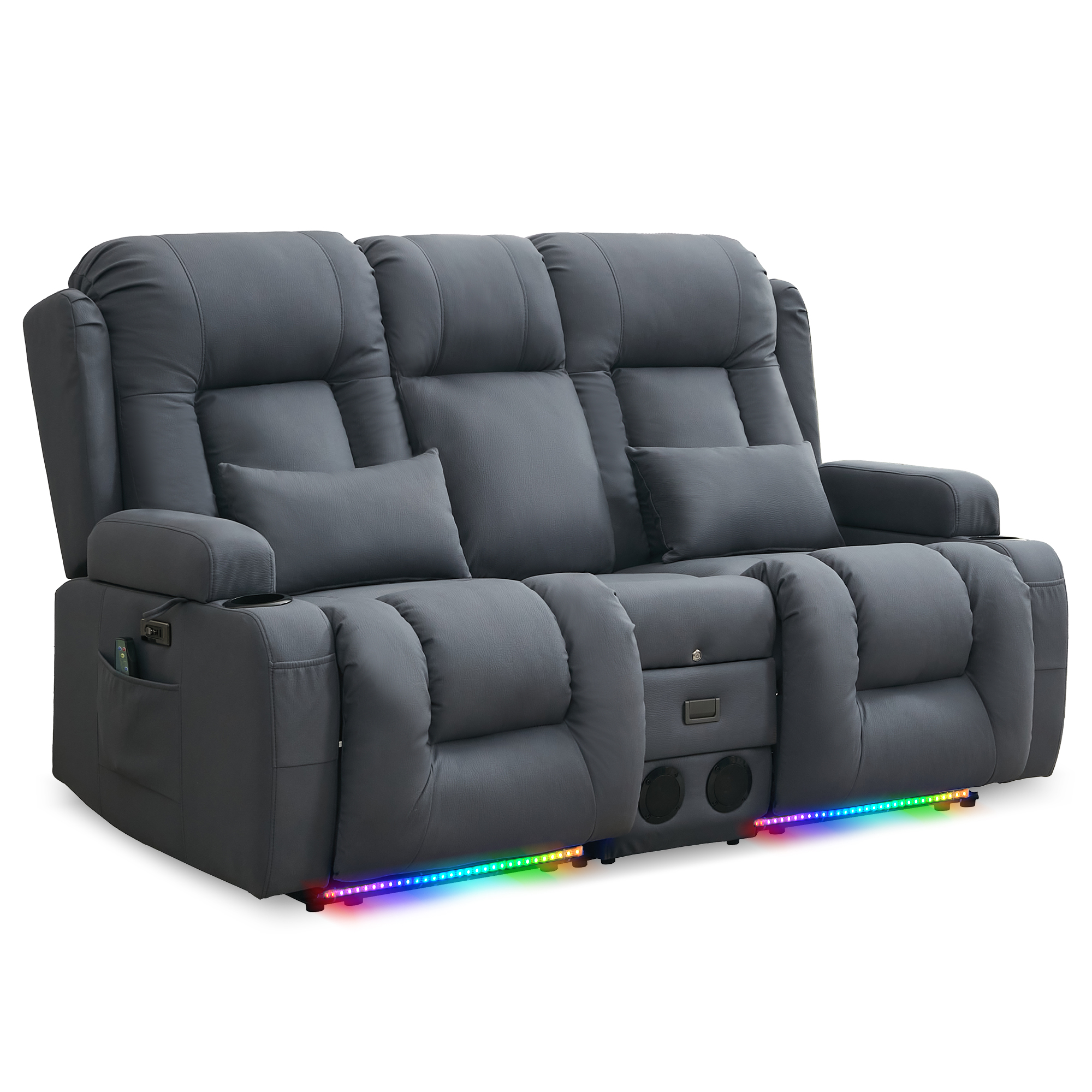 URRED Power Loveseat Recliner Sofa with Vibrating Massage and Heat, Home Theater Seating RV Couch with Flipped Backrest Console, LED Light, Bluetooth Speakers, USB, Outlets (Technical Cloth, Blue)