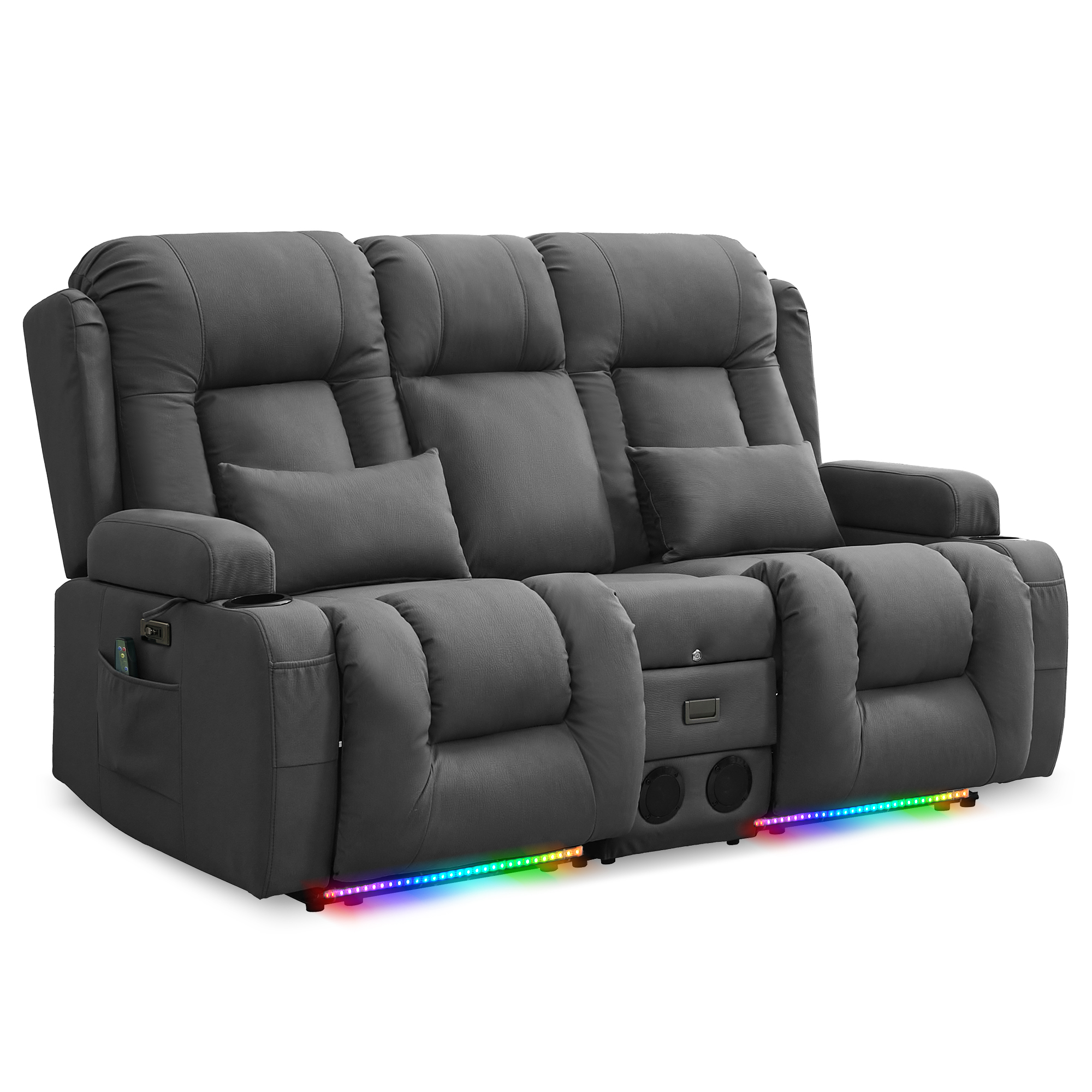 URRED Power Loveseat Recliner Sofa with Vibrating Massage and Heat, Home Theater Seating RV Couch with Flipped Backrest Console, LED Light, Bluetooth Speakers, USB, Outlets (Technical Cloth, Gray)