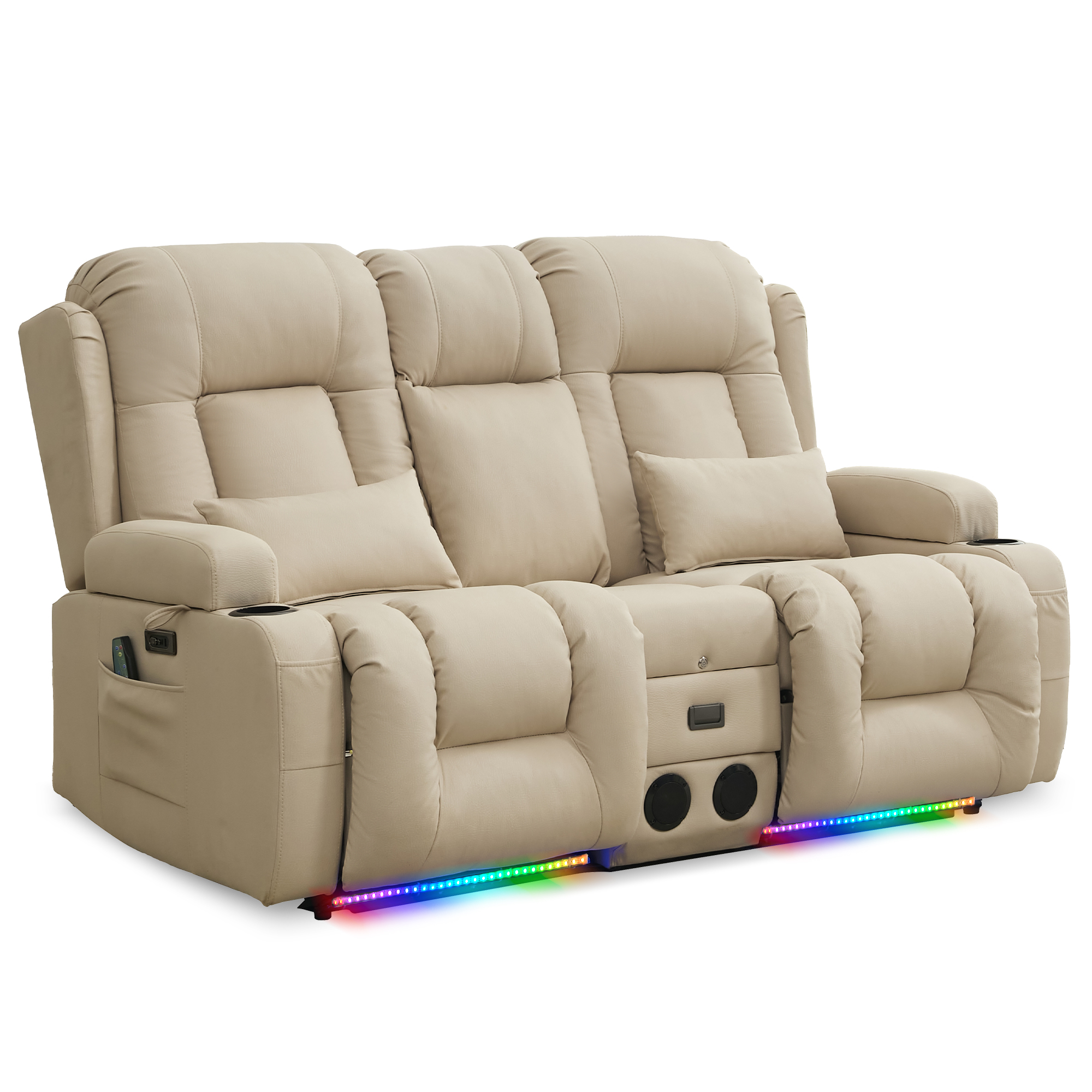 URRED Power Loveseat Recliner Sofa with Vibrating Massage and Heat, Home Theater Seating RV Couch with Flipped Backrest Console, LED Light, Bluetooth Speakers, USB, Outlets (Technical Cloth, Beige)