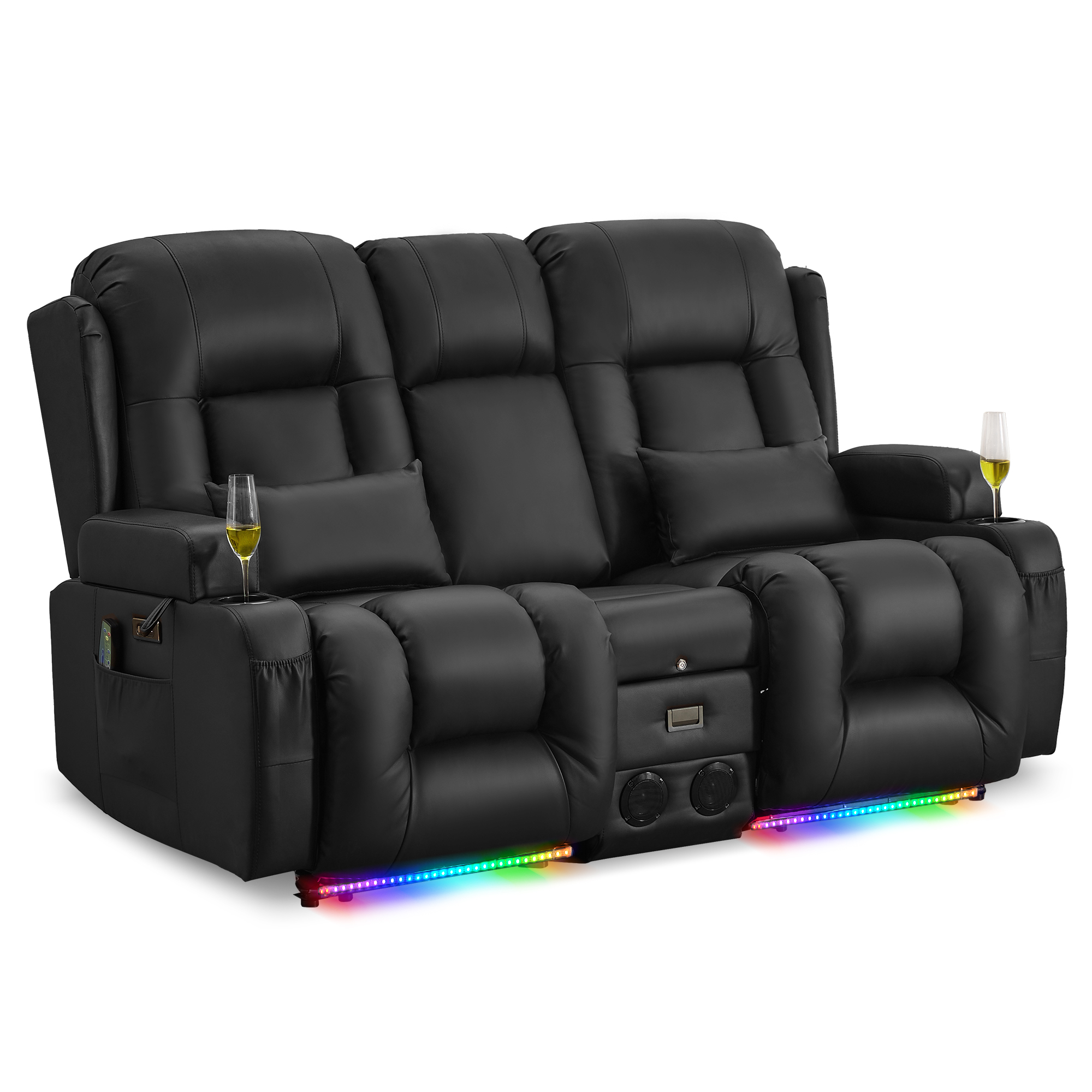 URRED Power Loveseat Recliner Sofa with Vibrating Massage and Heat, Home Theater Seating RV Couch with Flipped Backrest Console, LED Light, Bluetooth Speakers, USB, Outlets (Faux Leather, Black)