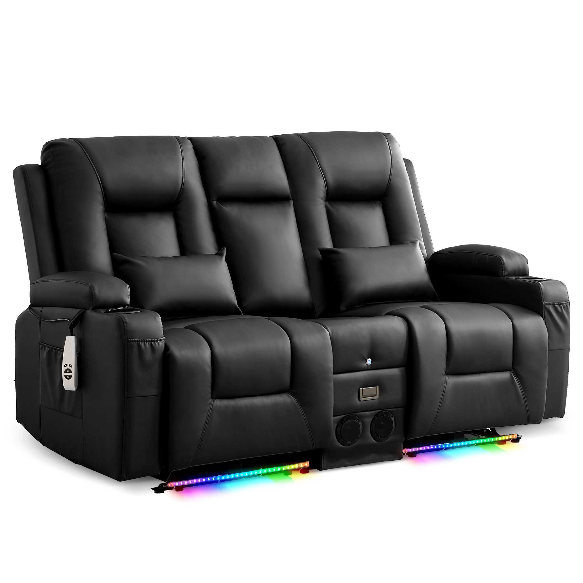 URRED Power Loveseat Recliner Sofa with Flipped Backrest Console, Wall Hugger RV Reclining Loveseat Sofa Couch with LED Light/Bluetooth Speakers/USB/Outlets/Cup Holders/Pillow/Side Pocket, Black