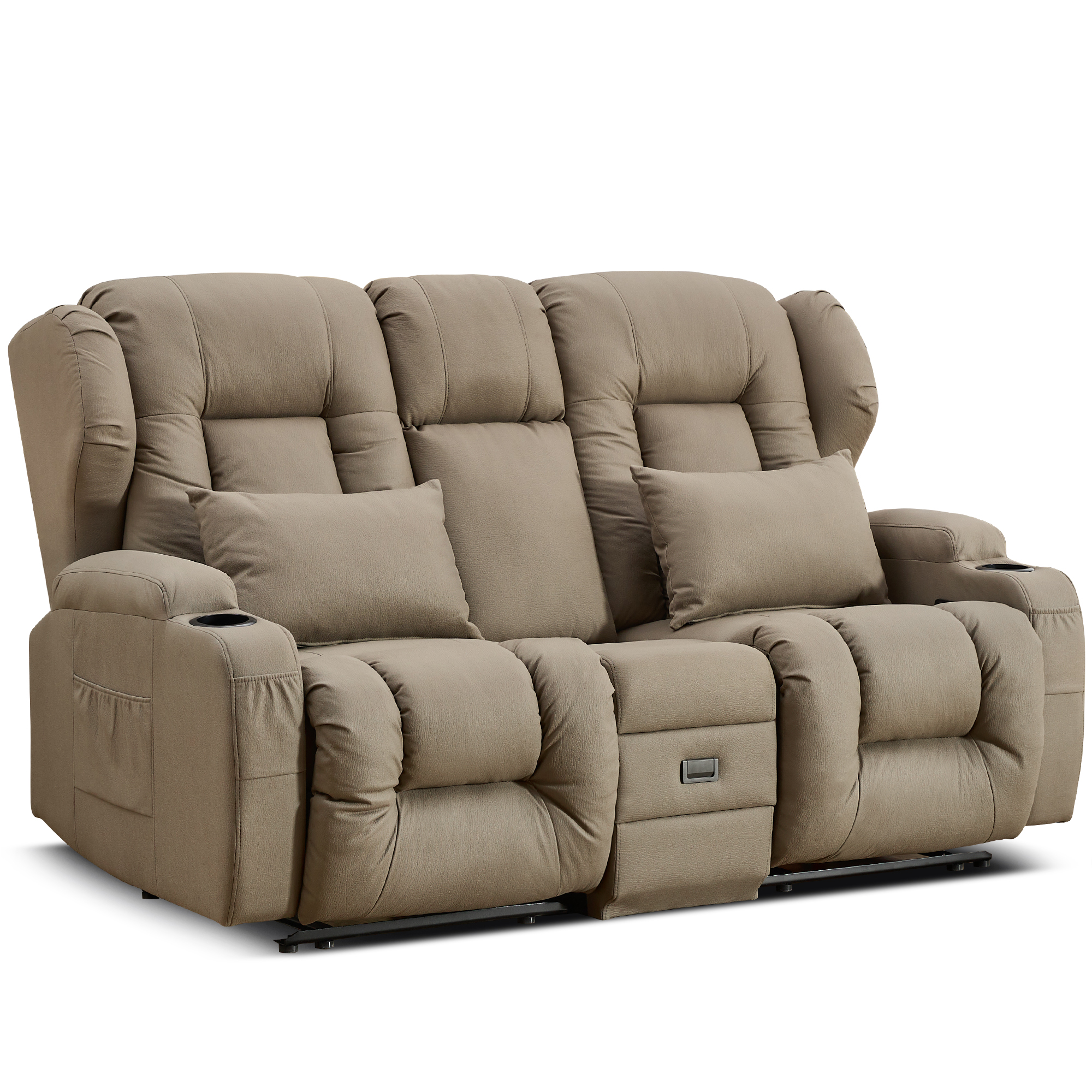 URRED Loveseat Recliner Sofa with Flipped Backrest Console, RV Manual Reclining Loveseat Couch Home Theater Seating with Cup Holders/Side Pockets/Pillows/Drawers/Outlets for Living Room, Khaki