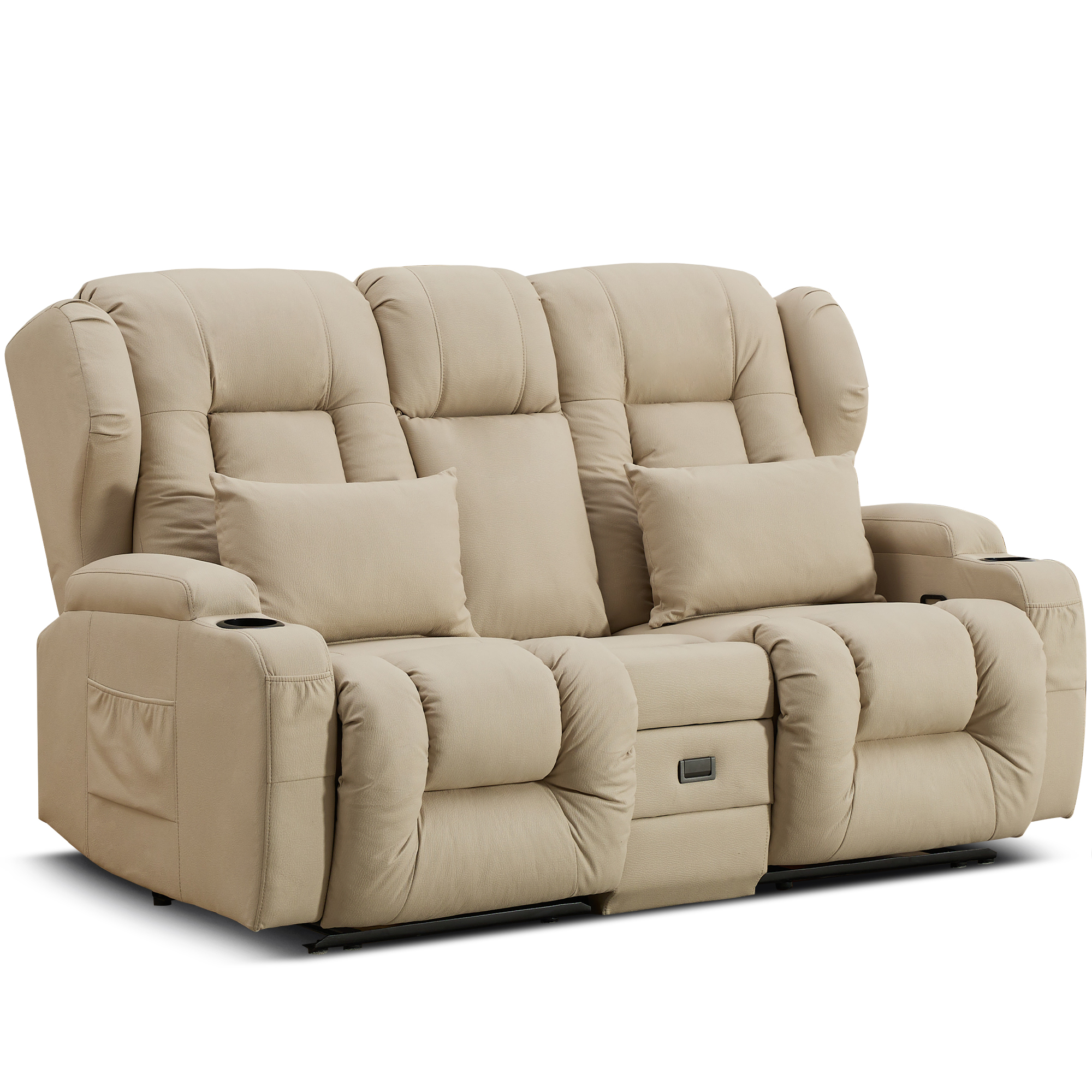 URRED Loveseat Recliner Sofa with Flipped Backrest Console, RV Manual Reclining Loveseat Couch Home Theater Seating with Cup Holders/Side Pockets/Pillows/Drawers/Outlets for Living Room, Beige