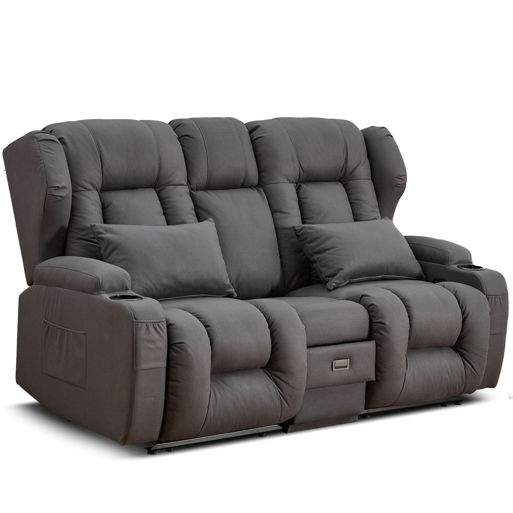 URRED Loveseat Recliner Sofa with Flipped Backrest Console, RV Manual Reclining Loveseat Couch Home Theater Seating with Cup Holders/Side Pockets/Pillows/Drawers/Outlets for Living Room, Gray