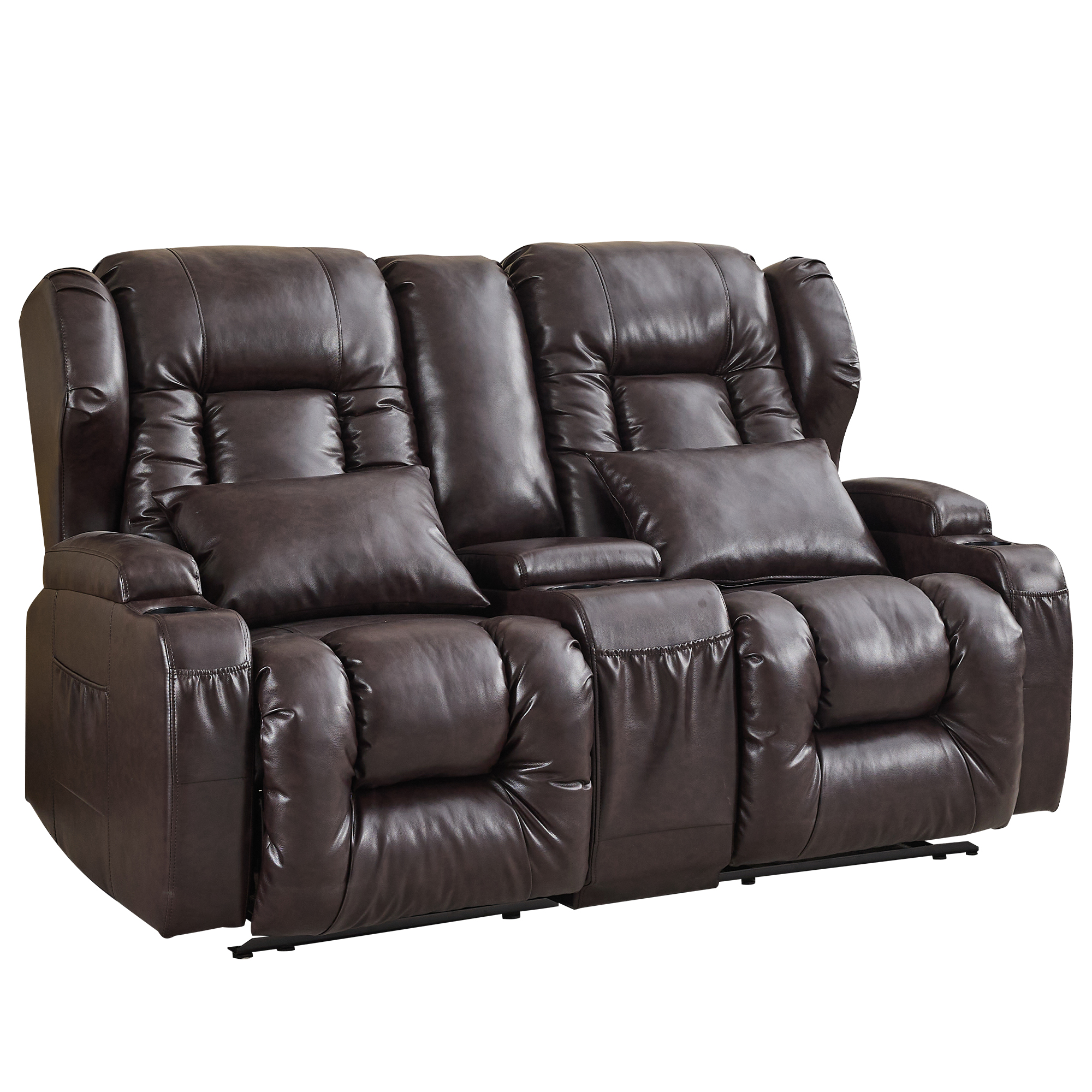 URRED Loveseat Recliner Sofa with Console, RV Manual Reclining Loveseat Couch Home Theater Seating with Cup Holders/Side Pockets/Pillows/Hide Storage for Living Room, Dark Brown