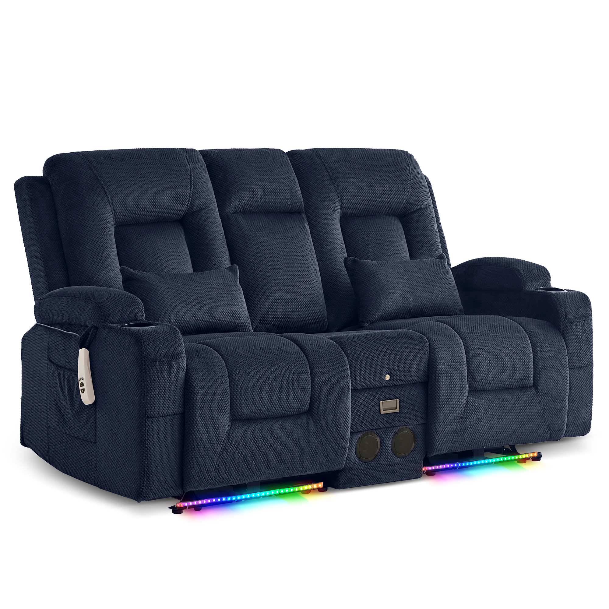 URRED Power Loveseat Recliner Sofa with Flipped Backrest Console, Wall Hugger RV Reclining Loveseat Sofa Couch with LED Light/Bluetooth Speakers/USB/Outlets/Cup Holders/Pillow/Side Pocket, Dark Blue