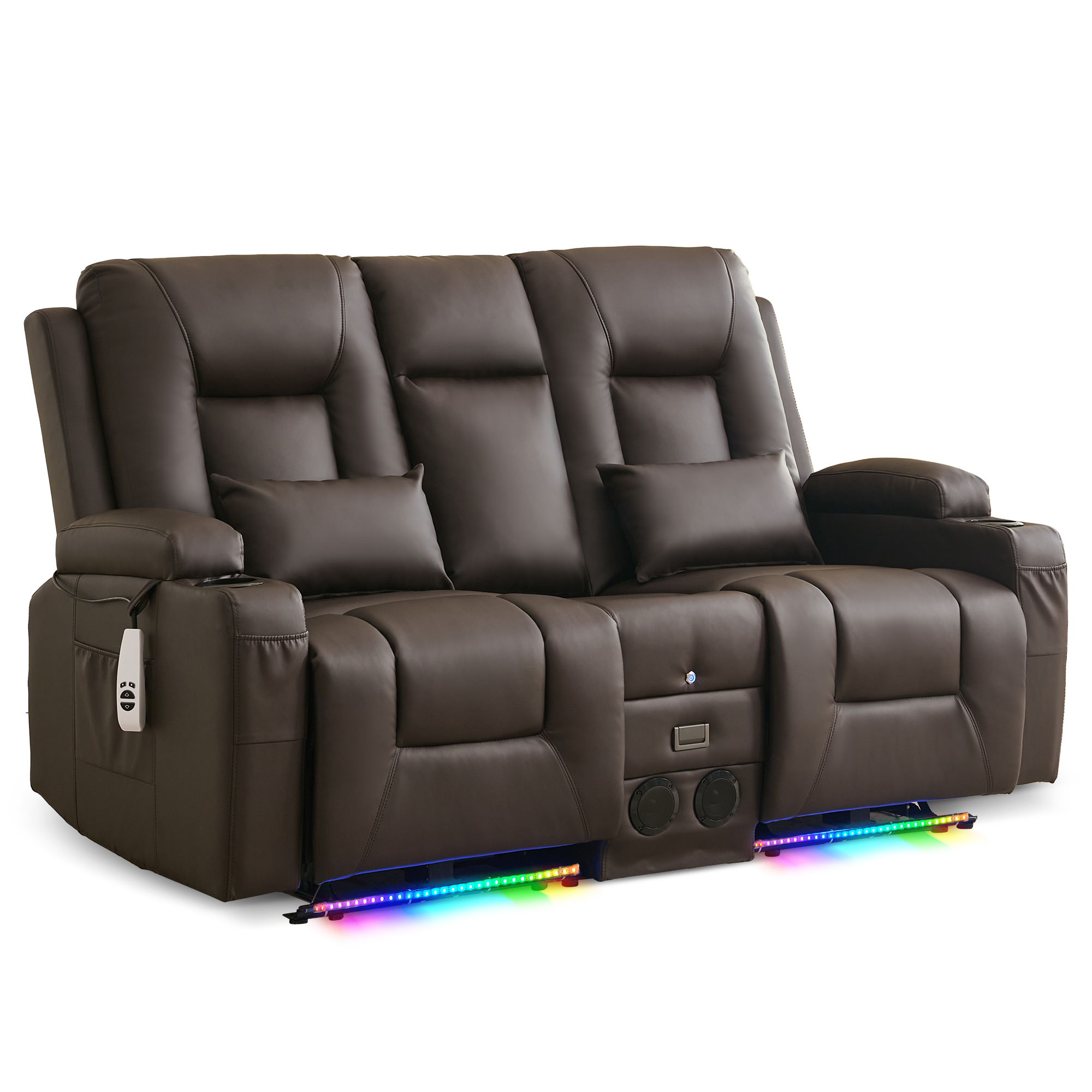 URRED Power Loveseat Recliner Sofa with Flipped Backrest Console, Wall Hugger RV Reclining Loveseat Sofa Couch with LED Light/Bluetooth Speakers/USB/Outlets/Cup Holders/Pillow/Side Pocket, Dark Brown
